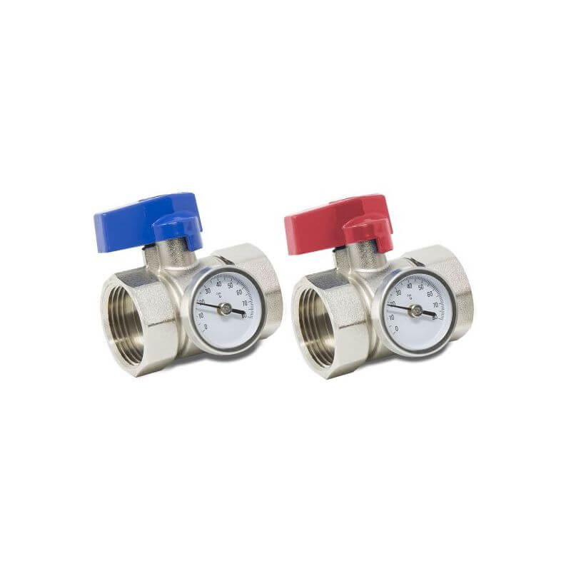 1" Ball Valve with Temperature Gauge set Red & Blue Pair