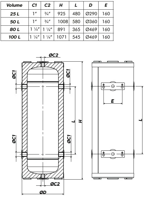 Zilmet Insulated Heat Pump Buffer / Volumiser - Wall or Floor Mounted - 25, 50, 80 & 100 liters - Image 2