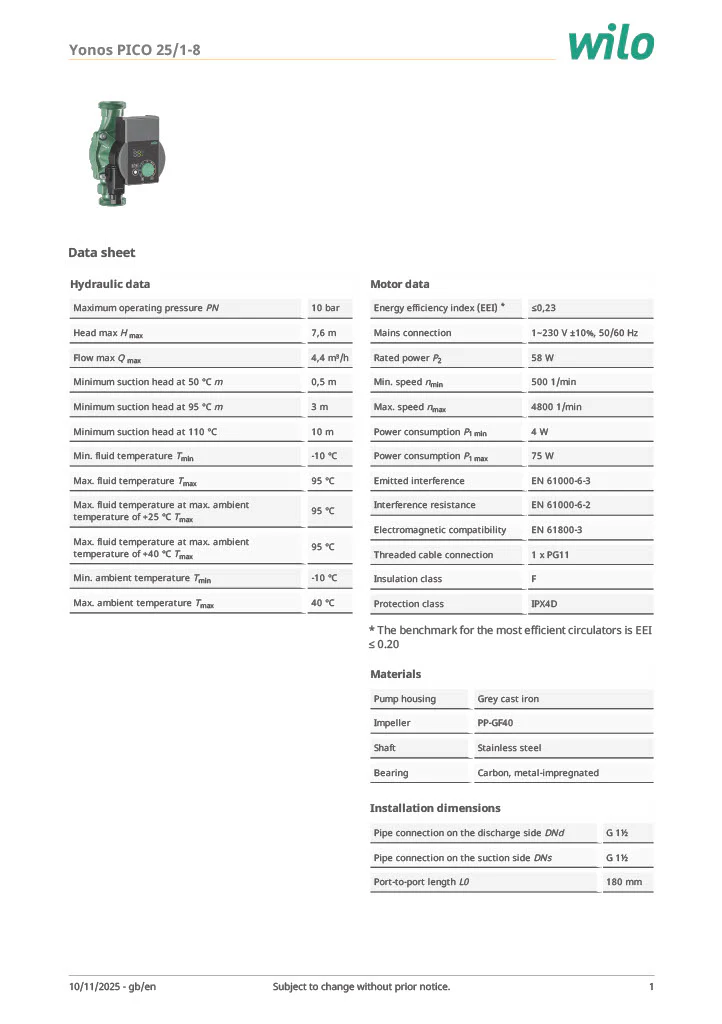 Wilo Yonos PICO 25/1 to 8 (180mm) - Image 2
