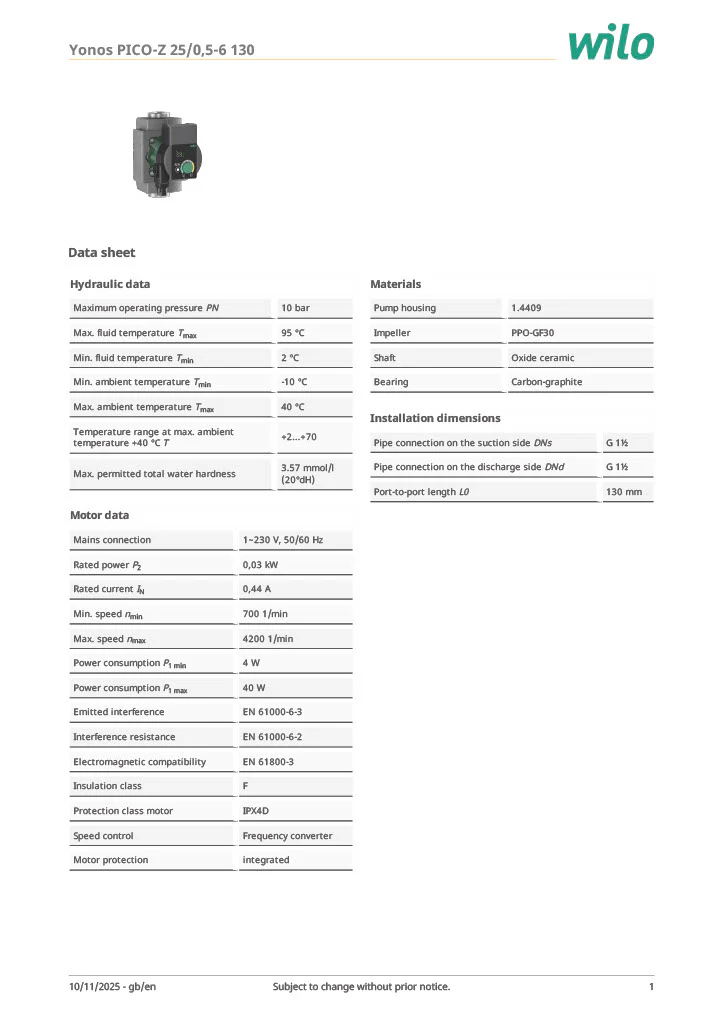 Wilo Yonos PICO-Z 25/0.5-6 130 Secondary Hot Water (Bronze) Pump - Image 2
